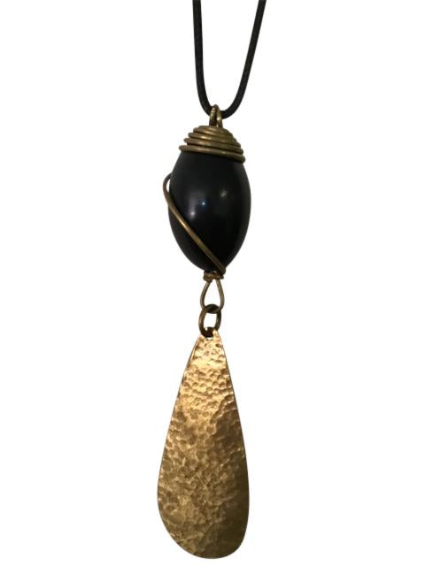 Brass Drop Pendant with Black Horn Ball